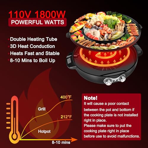 Food Party 2-in-1 Electric Hot Pot and BBQ Grill: Smokeless Indoor Cooking for Chinese Hotpot and Korean BBQ