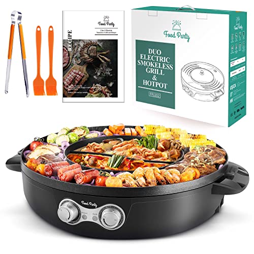 Food Party 2-in-1 Electric Hot Pot and BBQ Grill: Smokeless Indoor Cooking for Chinese Hotpot and Korean BBQ