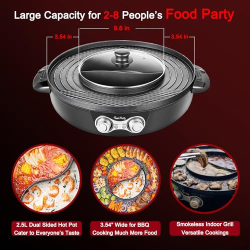 Food Party 2-in-1 Electric Hot Pot and BBQ Grill: Smokeless Indoor Cooking for Chinese Hotpot and Korean BBQ