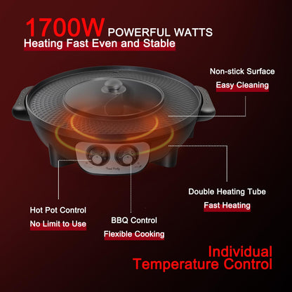 Food Party 2-in-1 Electric Hot Pot and BBQ Grill: Smokeless Indoor Cooking for Chinese Hotpot and Korean BBQ