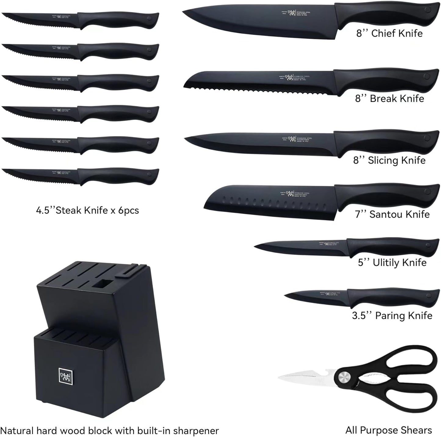 HD Hunter Knife Set: 15-Piece Dishwasher Safe Kitchen Knife Set with Self-Sharpening Block, Includes 6 Steak Knives - Sleek Black Design