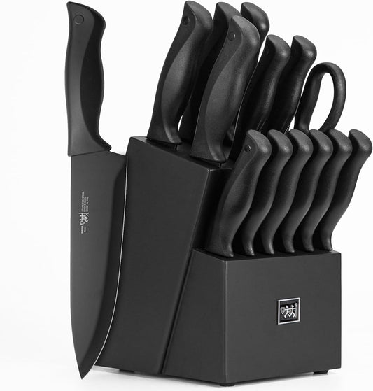 HD Hunter Knife Set: 15-Piece Dishwasher Safe Kitchen Knife Set with Self-Sharpening Block, Includes 6 Steak Knives - Sleek Black Design