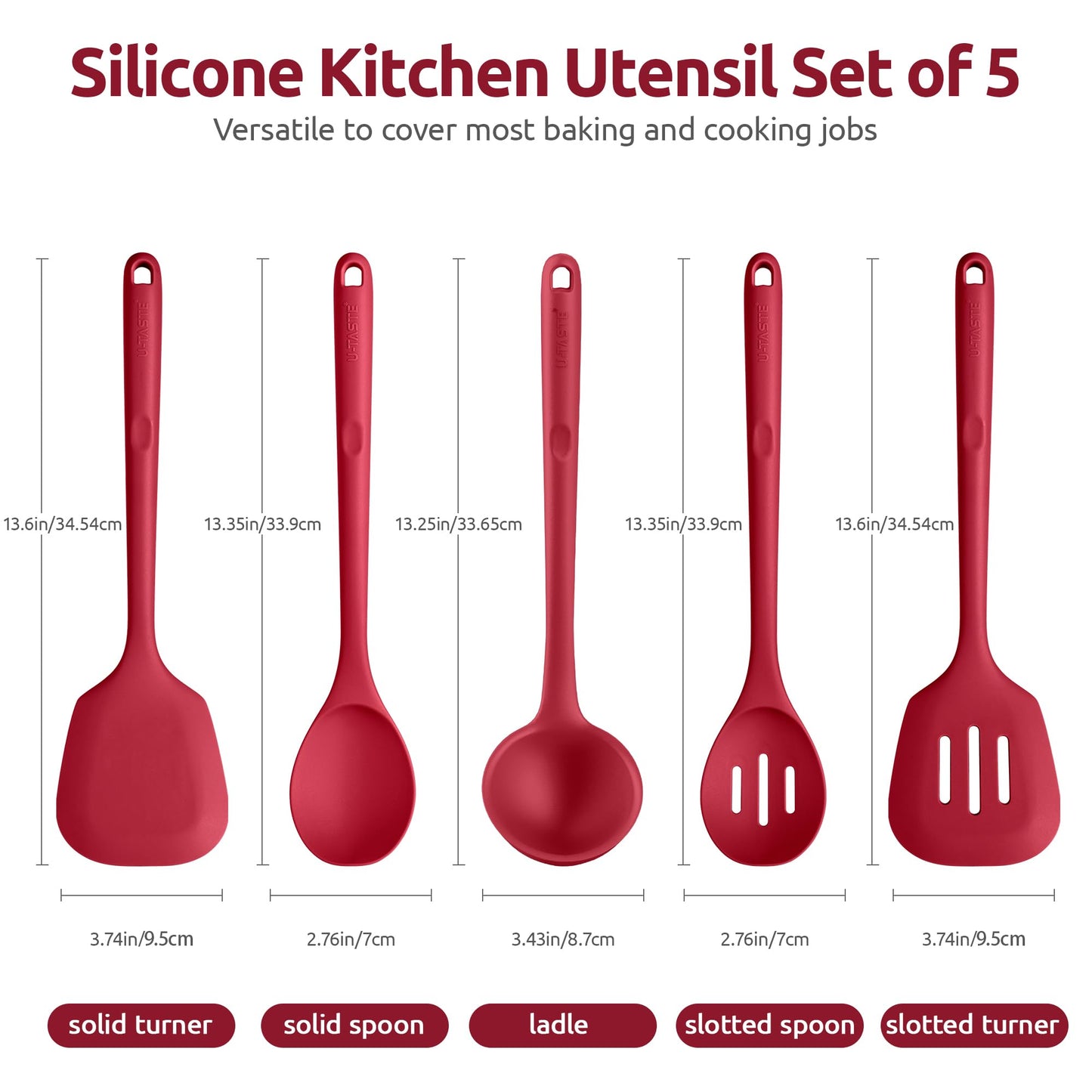 U-Taste 13.6" Silicone Kitchen Utensil Set: Heat Resistant Cooking Gadgets (Set of 5, Black)