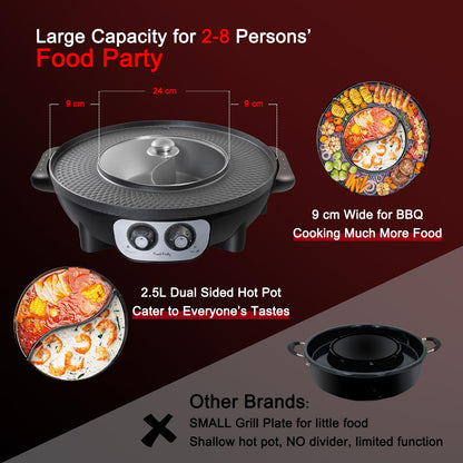 Food Party 2-in-1 Electric Hot Pot and BBQ Grill: Smokeless Indoor Cooking for Chinese Hotpot and Korean BBQ