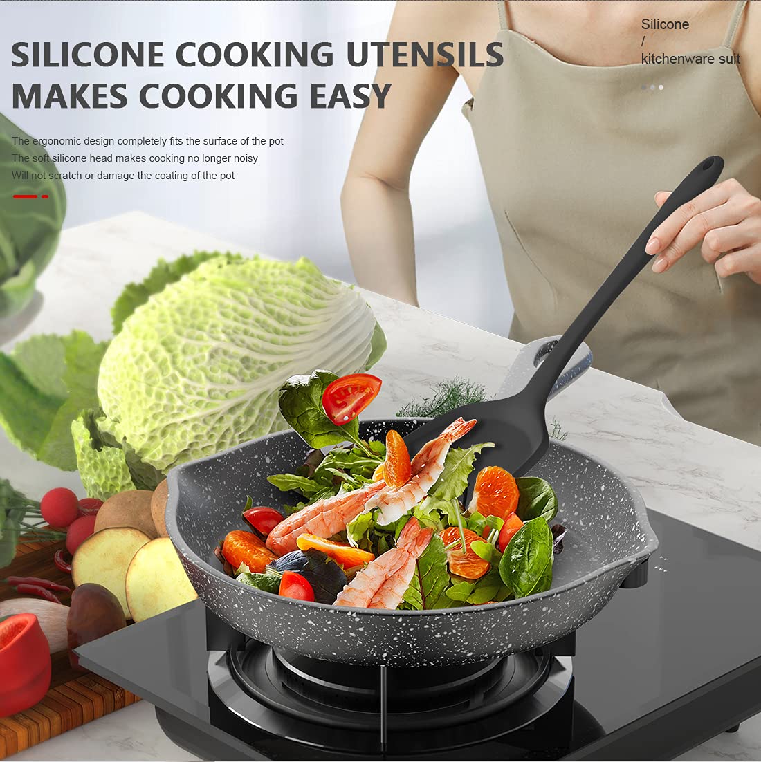 Silicone Kitchen Utensils Set - Heat Resistant, Nonstick, Dishwasher Safe