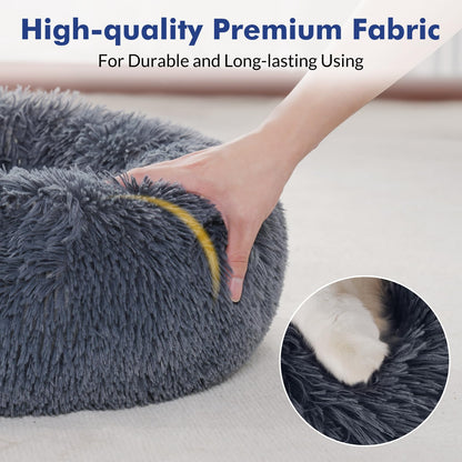 rabbitgoo Cat Bed for Indoor Cats, Soft Plush Donut Cuddler Cushion Pet Bed, Fluffy Round Bed, Self Warming Calming Bed for Small Dogs Kittens, Non-Slip, Machine Washable, Dark Grey, M