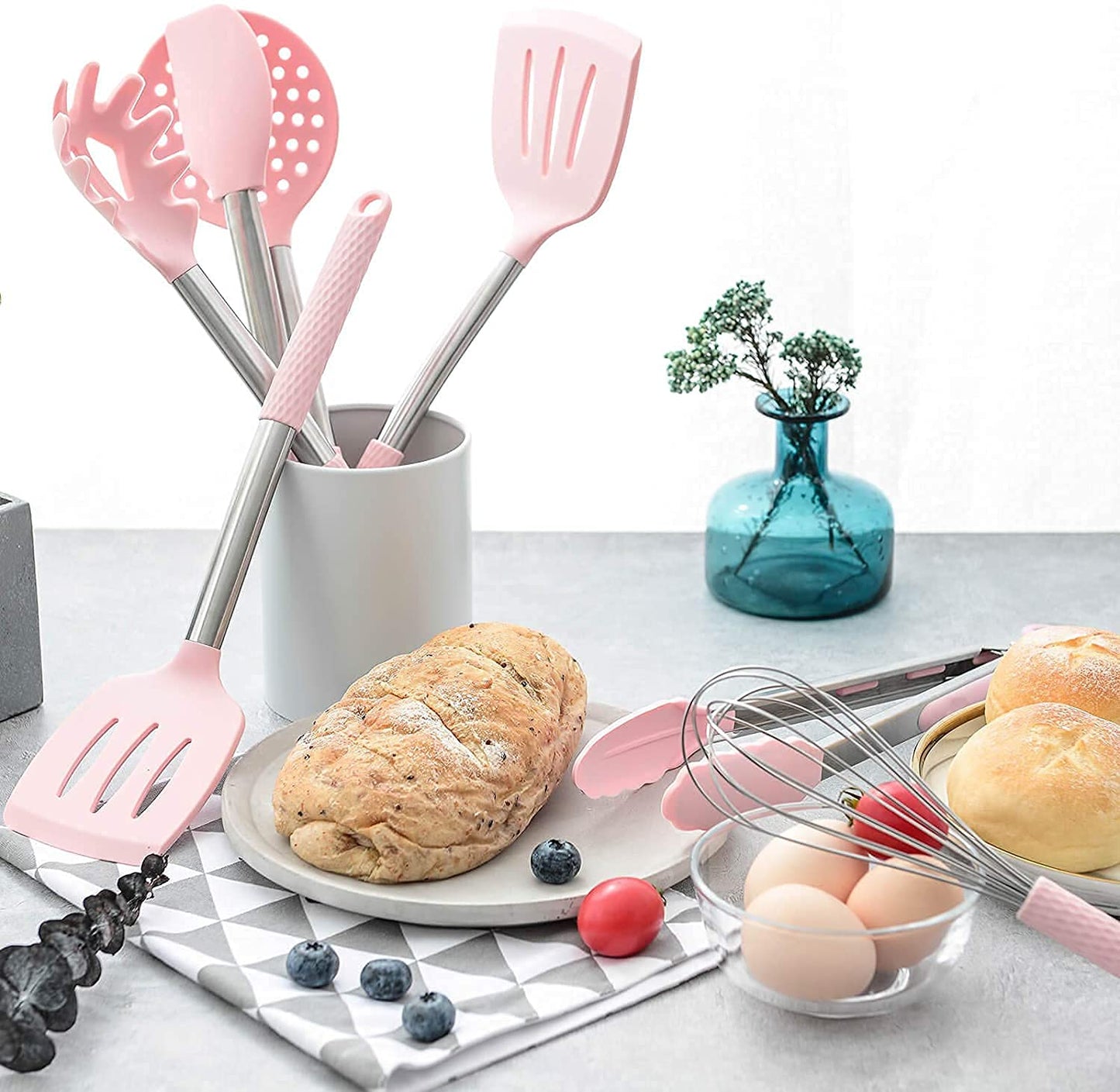 "Rorence 12-Piece Silicone Cooking Utensil Set: Non-Stick & Heat-Resistant Kitchen Gadgets - Blue - Black - Pink"