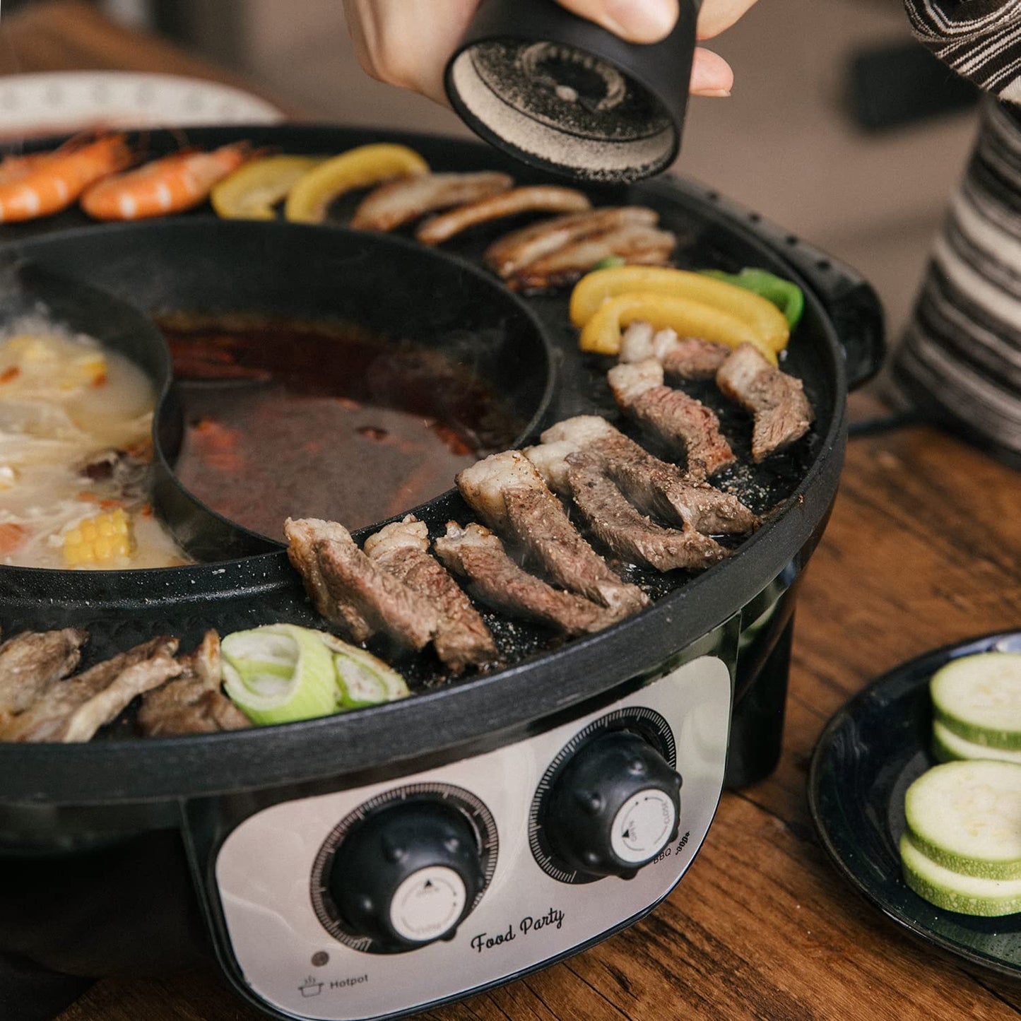 Food Party 2-in-1 Electric Hot Pot and BBQ Grill: Smokeless Indoor Cooking for Chinese Hotpot and Korean BBQ