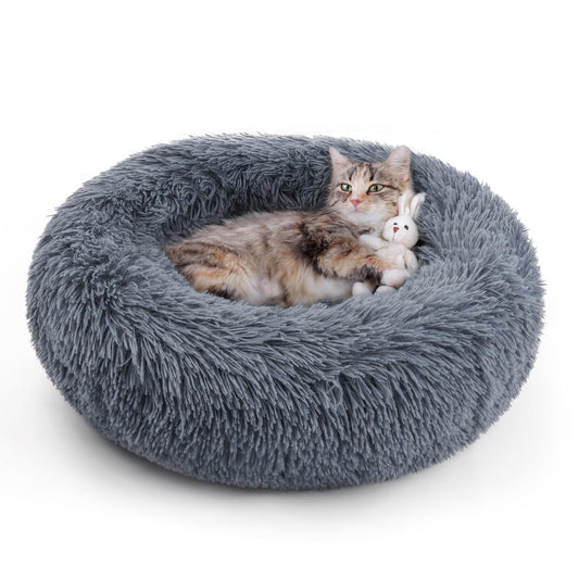 rabbitgoo Cat Bed for Indoor Cats, Soft Plush Donut Cuddler Cushion Pet Bed, Fluffy Round Bed, Self Warming Calming Bed for Small Dogs Kittens, Non-Slip, Machine Washable, Dark Grey, M