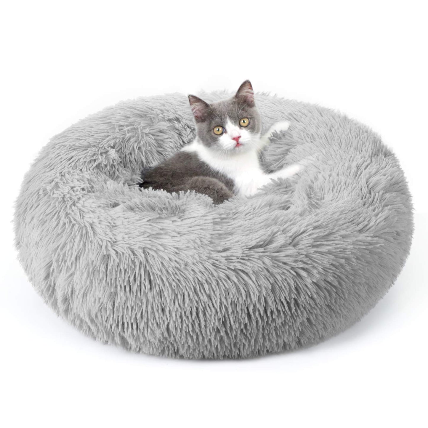 rabbitgoo Cat Bed for Indoor Cats, Soft Plush Donut Cuddler Cushion Pet Bed, Fluffy Round Bed, Self Warming Calming Bed for Small Dogs Kittens, Non-Slip, Machine Washable, Dark Grey, M