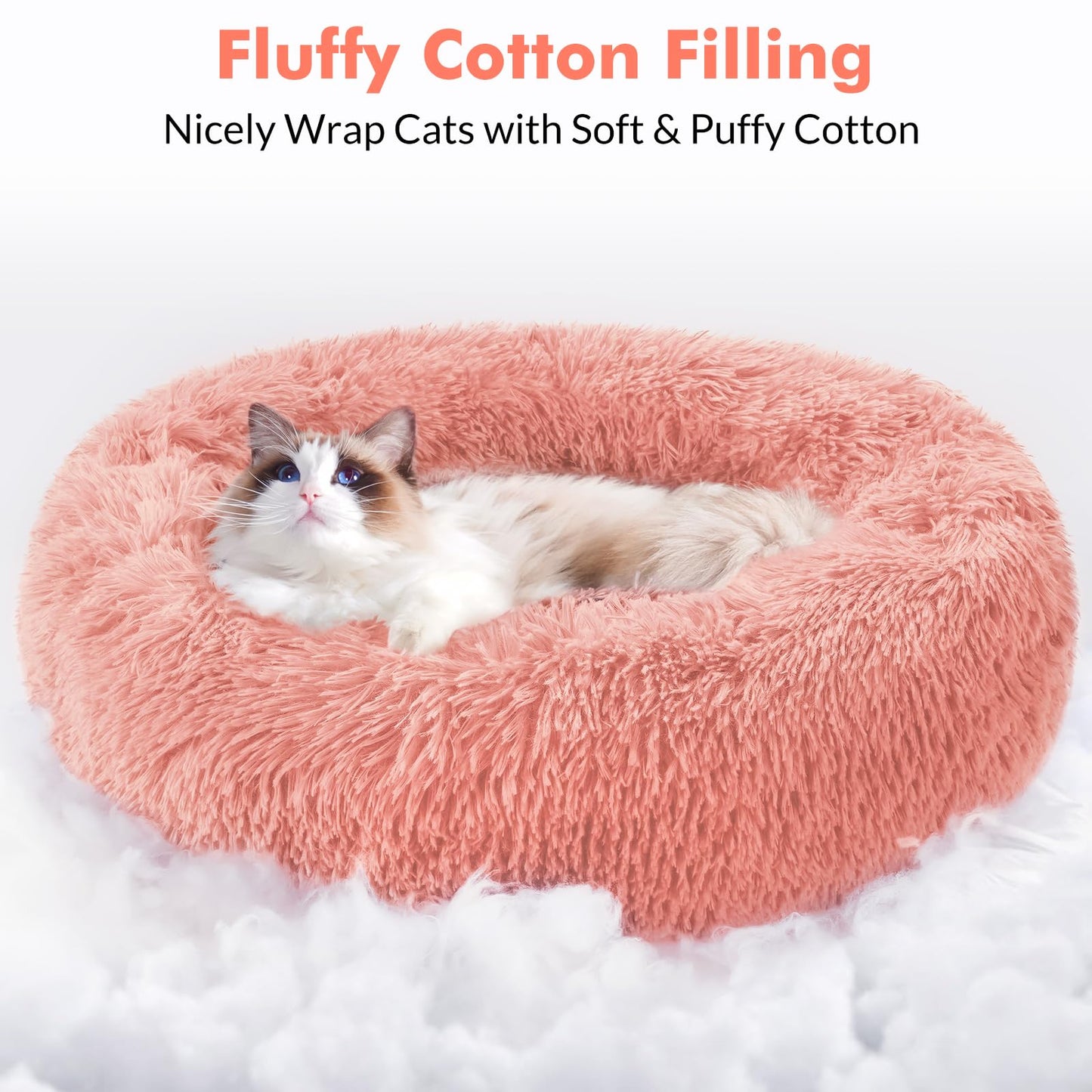 rabbitgoo Cat Bed for Indoor Cats, Soft Plush Donut Cuddler Cushion Pet Bed, Fluffy Round Bed, Self Warming Calming Bed for Small Dogs Kittens, Non-Slip, Machine Washable, Dark Grey, M