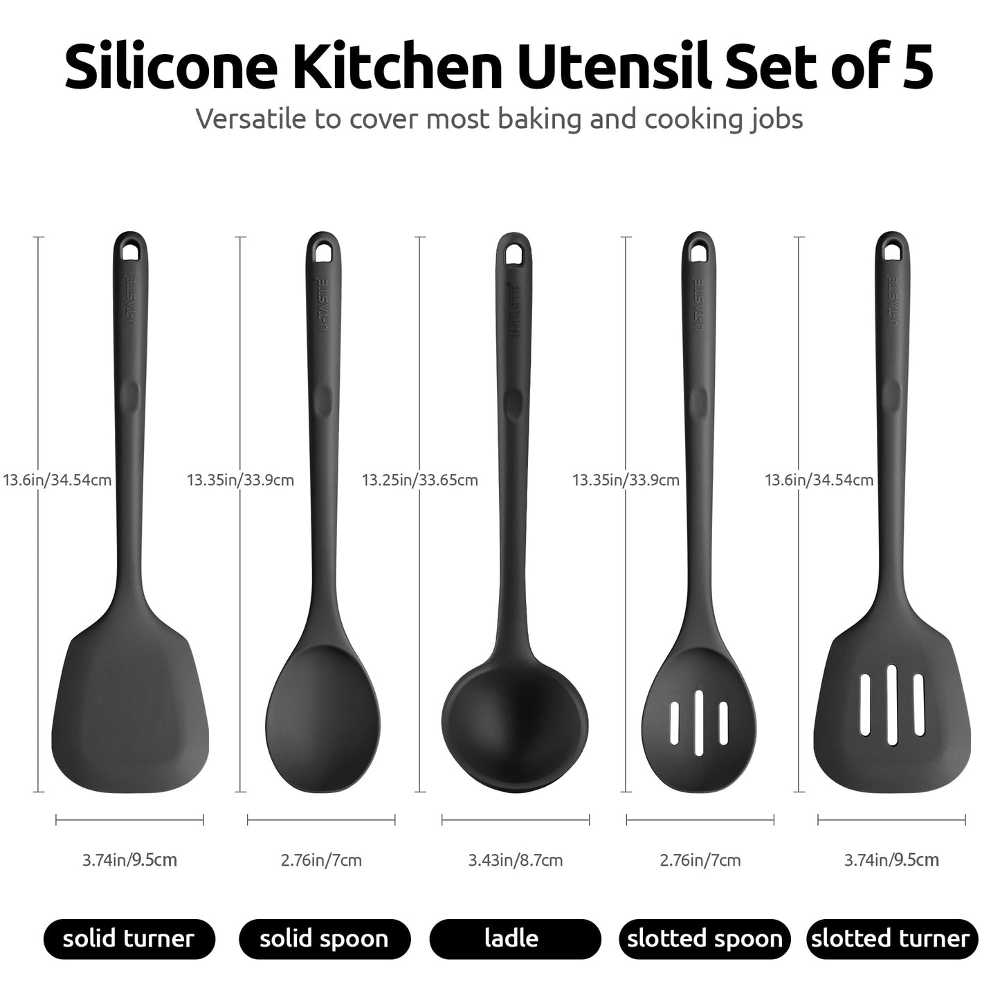 U-Taste 13.6" Silicone Kitchen Utensil Set: Heat Resistant Cooking Gadgets (Set of 5, Black)