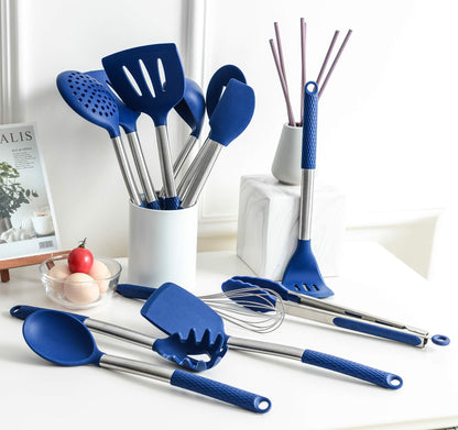 "Rorence 12-Piece Silicone Cooking Utensil Set: Non-Stick & Heat-Resistant Kitchen Gadgets - Blue - Black - Pink"