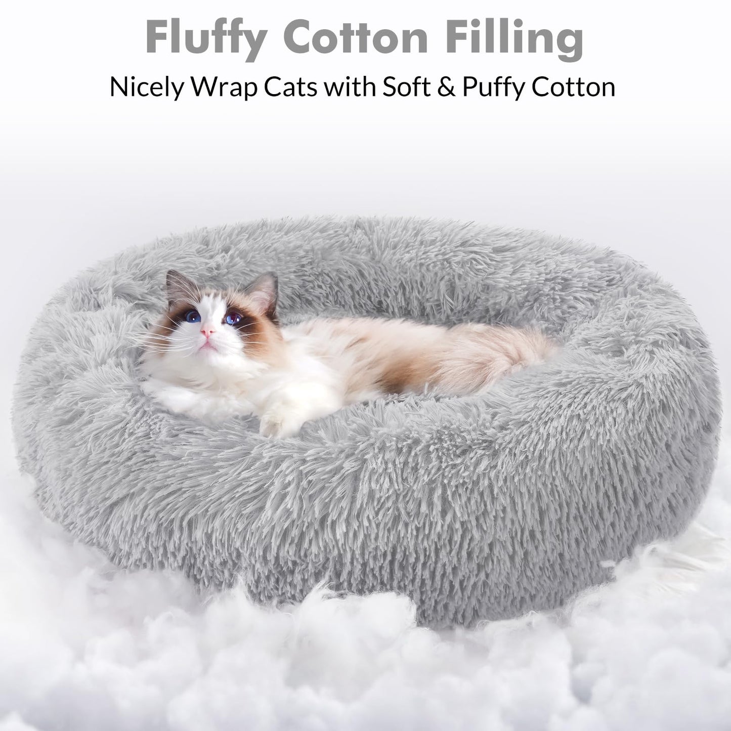 rabbitgoo Cat Bed for Indoor Cats, Soft Plush Donut Cuddler Cushion Pet Bed, Fluffy Round Bed, Self Warming Calming Bed for Small Dogs Kittens, Non-Slip, Machine Washable, Dark Grey, M