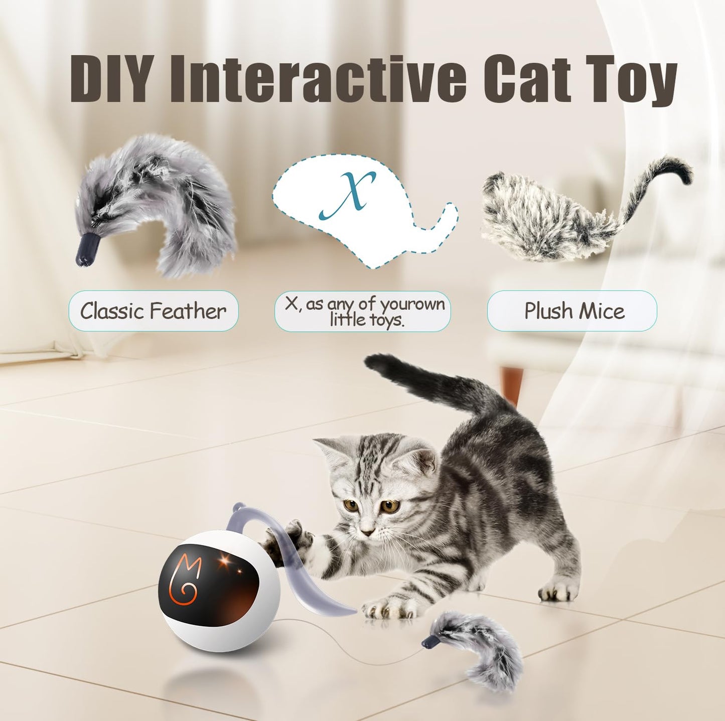 "Ultimate Fun with Best Cat Toys: Migipaws Interactive Cat Ball Set with Rolling Chase Ball, Fluffy Tail, and Small Mice - Rechargeable & Entertaining"