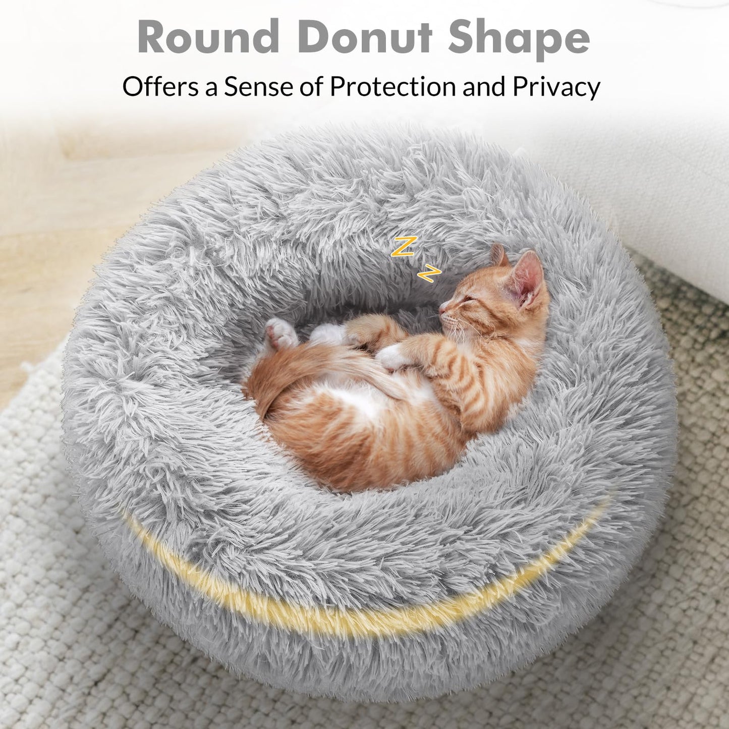 rabbitgoo Cat Bed for Indoor Cats, Soft Plush Donut Cuddler Cushion Pet Bed, Fluffy Round Bed, Self Warming Calming Bed for Small Dogs Kittens, Non-Slip, Machine Washable, Dark Grey, M