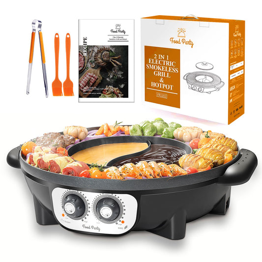 Food Party 2-in-1 Electric Hot Pot and BBQ Grill: Smokeless Indoor Cooking for Chinese Hotpot and Korean BBQ