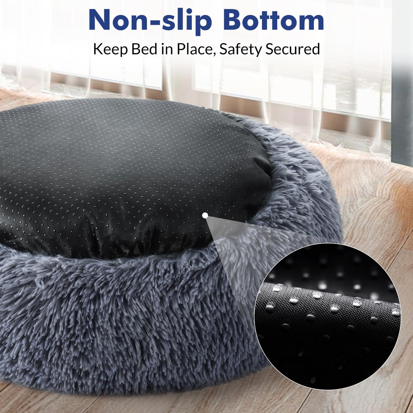 rabbitgoo Cat Bed for Indoor Cats, Soft Plush Donut Cuddler Cushion Pet Bed, Fluffy Round Bed, Self Warming Calming Bed for Small Dogs Kittens, Non-Slip, Machine Washable, Dark Grey, M