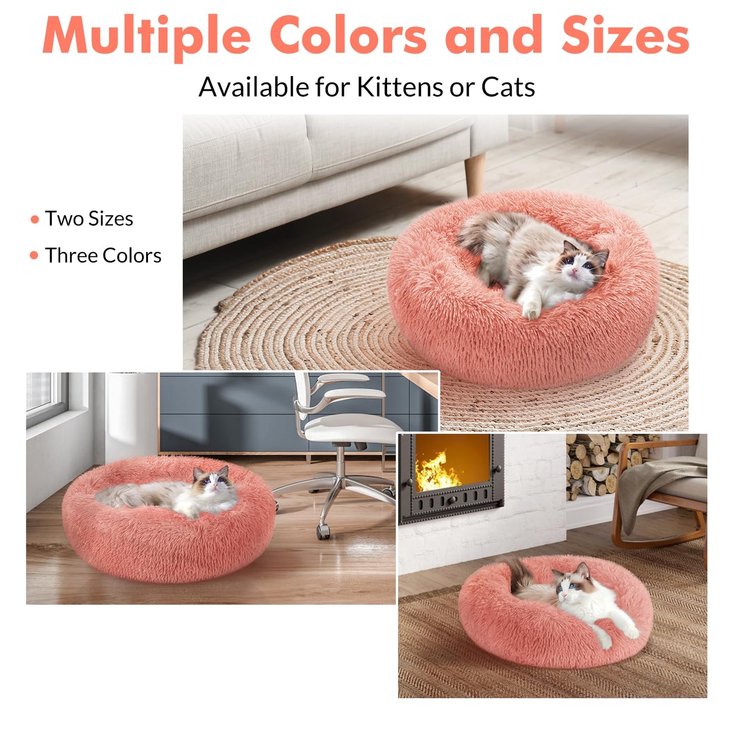 rabbitgoo Cat Bed for Indoor Cats, Soft Plush Donut Cuddler Cushion Pet Bed, Fluffy Round Bed, Self Warming Calming Bed for Small Dogs Kittens, Non-Slip, Machine Washable, Dark Grey, M