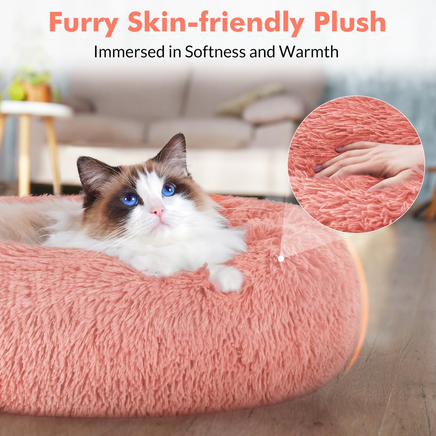 rabbitgoo Cat Bed for Indoor Cats, Soft Plush Donut Cuddler Cushion Pet Bed, Fluffy Round Bed, Self Warming Calming Bed for Small Dogs Kittens, Non-Slip, Machine Washable, Dark Grey, M