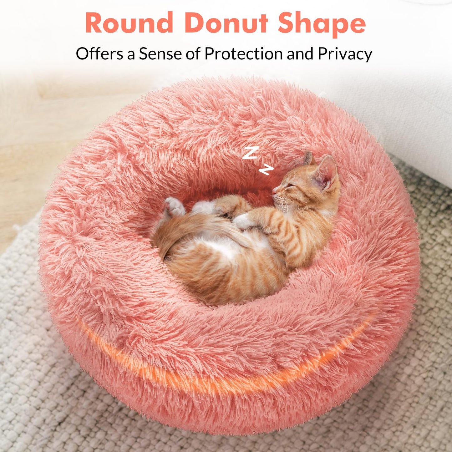 rabbitgoo Cat Bed for Indoor Cats, Soft Plush Donut Cuddler Cushion Pet Bed, Fluffy Round Bed, Self Warming Calming Bed for Small Dogs Kittens, Non-Slip, Machine Washable, Dark Grey, M