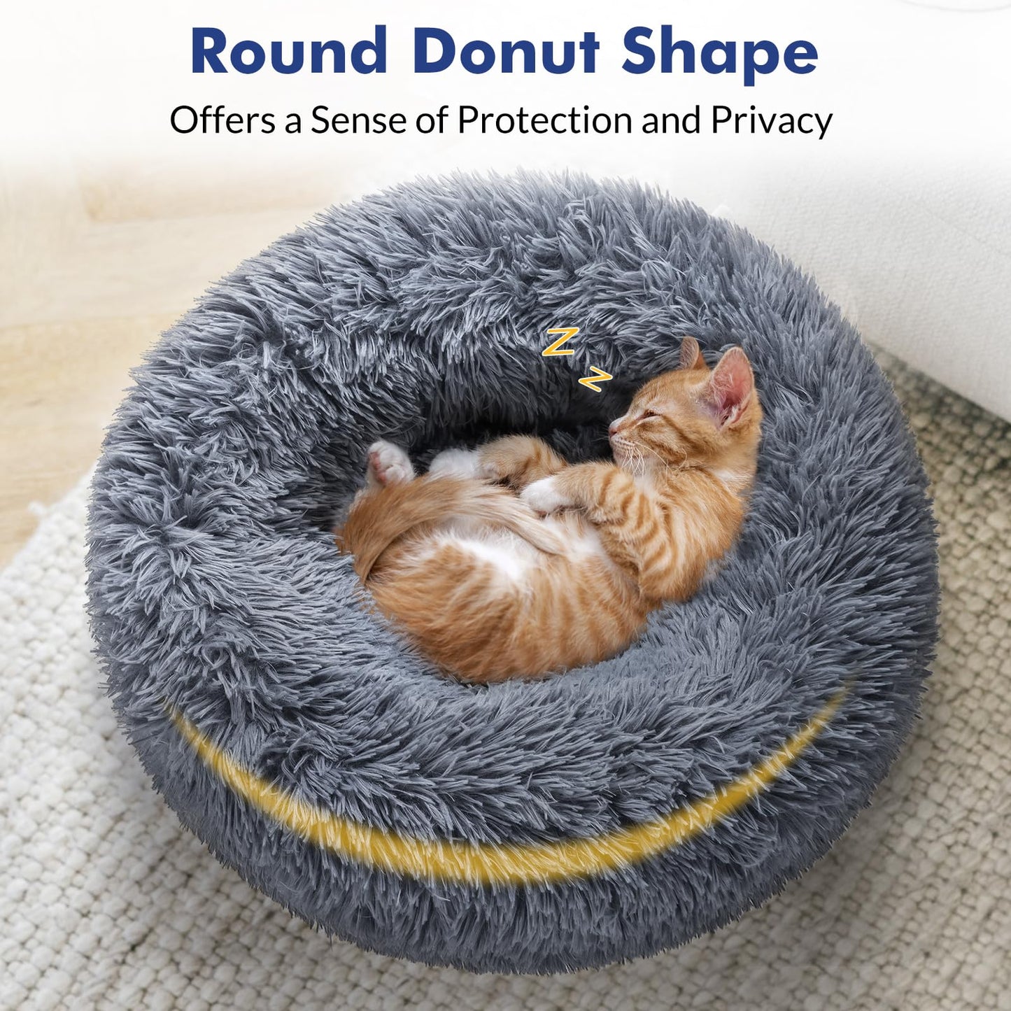 rabbitgoo Cat Bed for Indoor Cats, Soft Plush Donut Cuddler Cushion Pet Bed, Fluffy Round Bed, Self Warming Calming Bed for Small Dogs Kittens, Non-Slip, Machine Washable, Dark Grey, M