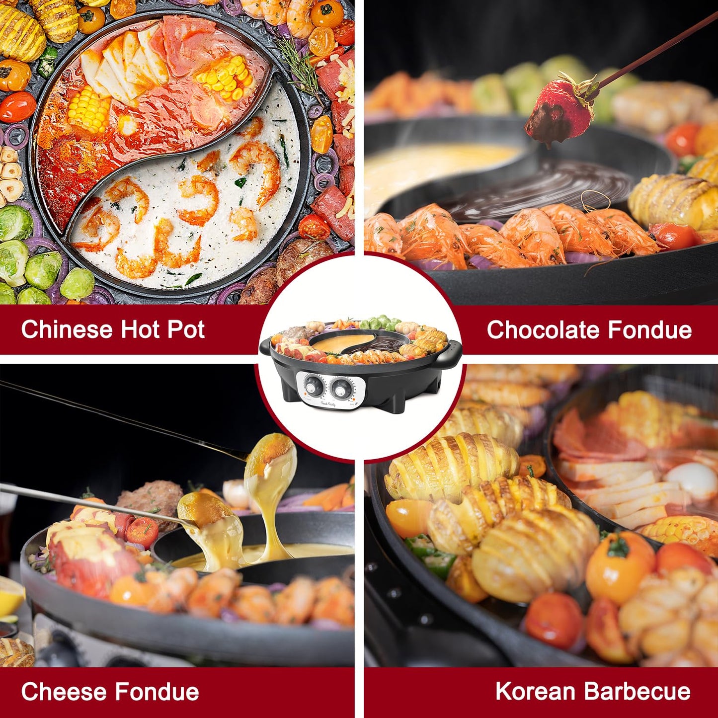 Food Party 2-in-1 Electric Hot Pot and BBQ Grill: Smokeless Indoor Cooking for Chinese Hotpot and Korean BBQ