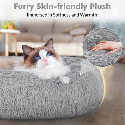 rabbitgoo Cat Bed for Indoor Cats, Soft Plush Donut Cuddler Cushion Pet Bed, Fluffy Round Bed, Self Warming Calming Bed for Small Dogs Kittens, Non-Slip, Machine Washable, Dark Grey, M