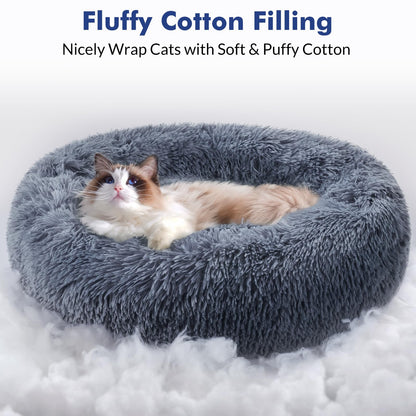 rabbitgoo Cat Bed for Indoor Cats, Soft Plush Donut Cuddler Cushion Pet Bed, Fluffy Round Bed, Self Warming Calming Bed for Small Dogs Kittens, Non-Slip, Machine Washable, Dark Grey, M