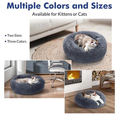 rabbitgoo Cat Bed for Indoor Cats, Soft Plush Donut Cuddler Cushion Pet Bed, Fluffy Round Bed, Self Warming Calming Bed for Small Dogs Kittens, Non-Slip, Machine Washable, Dark Grey, M