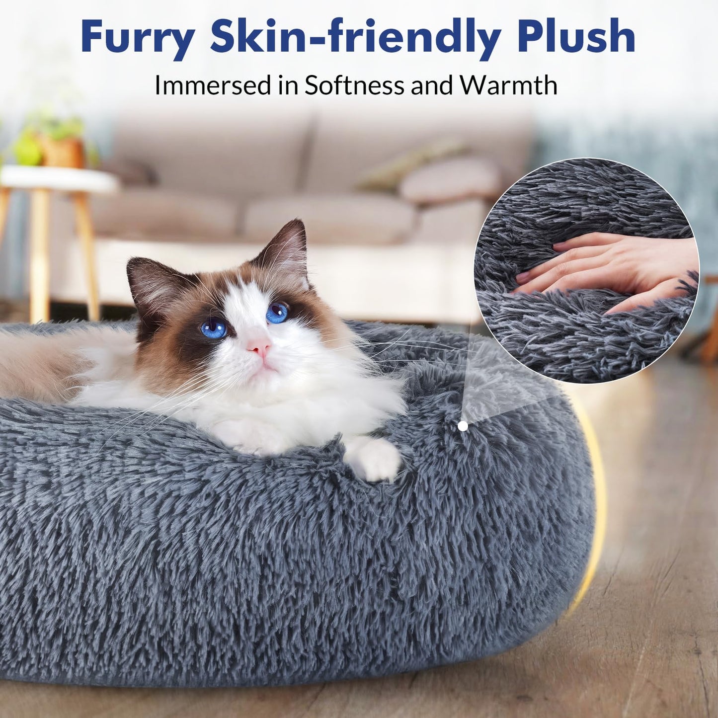 rabbitgoo Cat Bed for Indoor Cats, Soft Plush Donut Cuddler Cushion Pet Bed, Fluffy Round Bed, Self Warming Calming Bed for Small Dogs Kittens, Non-Slip, Machine Washable, Dark Grey, M