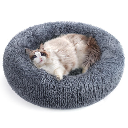 rabbitgoo Cat Bed for Indoor Cats, Soft Plush Donut Cuddler Cushion Pet Bed, Fluffy Round Bed, Self Warming Calming Bed for Small Dogs Kittens, Non-Slip, Machine Washable, Dark Grey, M