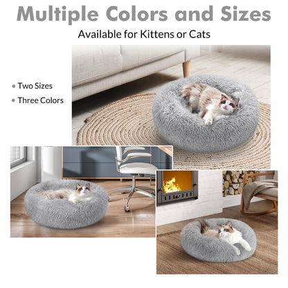 rabbitgoo Cat Bed for Indoor Cats, Soft Plush Donut Cuddler Cushion Pet Bed, Fluffy Round Bed, Self Warming Calming Bed for Small Dogs Kittens, Non-Slip, Machine Washable, Dark Grey, M